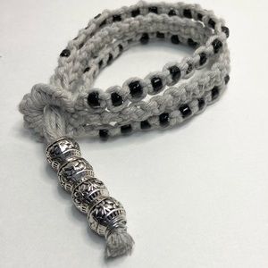 Handmade Macrame Bracelet Grey Cotton Rope Black Glass and Silver Embossed Beads